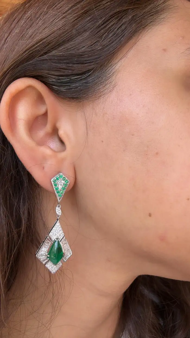 Natural Zambian Emerald Dangle Earrings - 18k White Gold Diamond Handmade Earrings Main Image