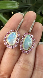 Natural Pink Sapphire & Ethiopian Opal Earrings - 18k Yellow Gold Diamond Earrings