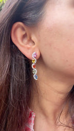 Natural Multi Sapphire Gemstone Dangle Earrings - 18k White Gold Diamond Earrings