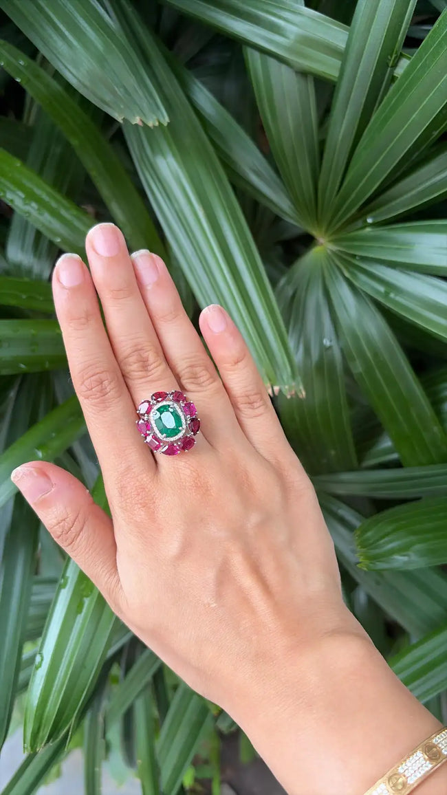 18k White Gold Diamond Handmade Ring - Natural Emerald & Ruby Gemstone Cocktail Ring Main Image