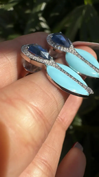 Natural Blue Sapphire & Turquoise Enamel Stud Earrings - 18k White Gold Diamond Earrings