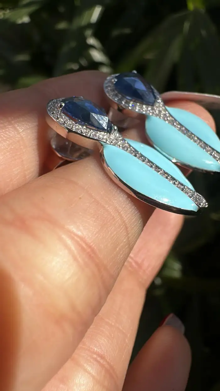 Natural Blue Sapphire & Turquoise Enamel Stud Earrings - 18k White Gold Diamond Earrings