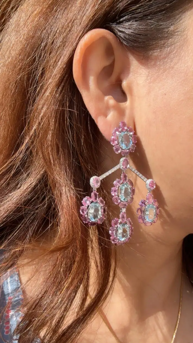 Natural Aquamarine & Pink Sapphire Dangle Earrings - 18k White Gold Diamond Chandelier Earrings