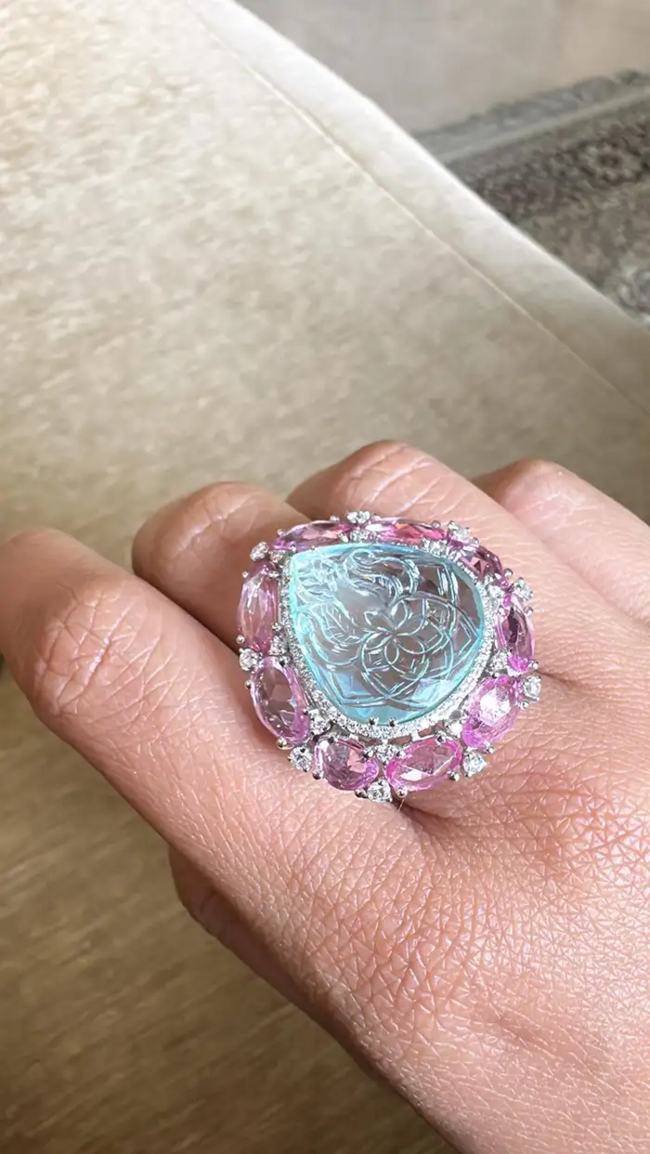Carved Aquamarine & Pink Sapphire Gemstone Handmade Ring - Solid 18k White Gold Diamond Statement Ring Main Image