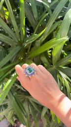 Natural Zambian Emerald & Blue Sapphire Cocktail Ring - 18k White Gold Yellow Diamond Ring