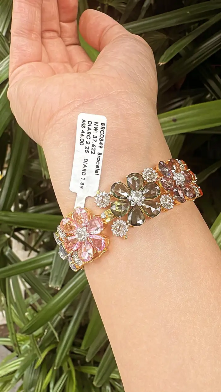 18k Yellow Gold Floral Bracelet - Natural Multi Sapphire & Rose Cut Diamond Modern Bracelet