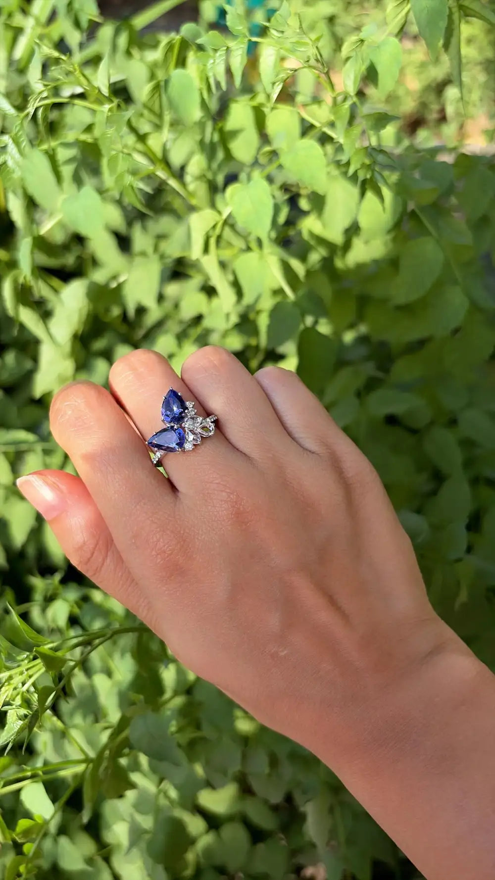Natural Tanzanite & Rose Cut Diamond Wedding Ring - 18k White Gold Diamond Ring