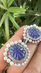 18k White Gold Diamond Stud Earrings - Hand Carved Tanzanite & Fresh Water Pearl Earrings