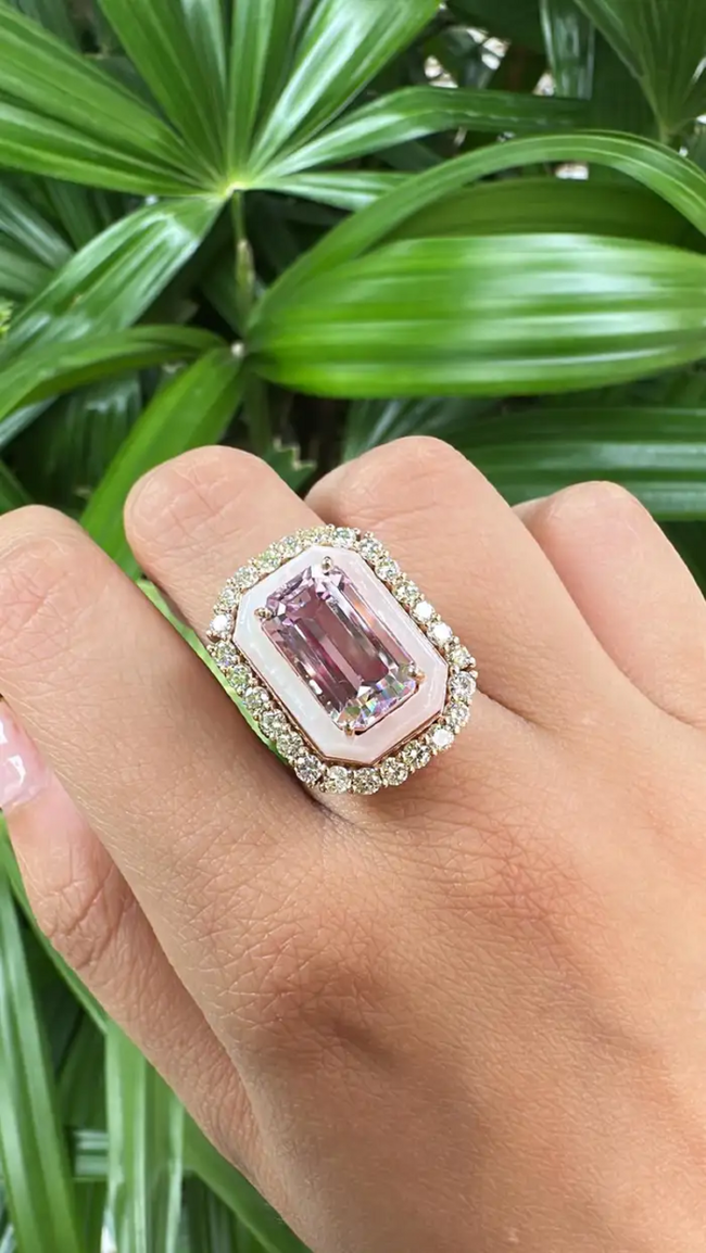 18k Rose Gold Diamond Handmade Ring - Natural Kunzite & Mother Of Pearl Cocktail Ring Main Image