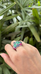 18k White Gold Diamond Cluster Ring - Natural Emerald, Ruby & Blue Sapphire Gemstone Ring