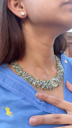 Natural Aquamarine & Zambian Emerald Necklace - 18k White Gold & Yellow Diamond Necklace