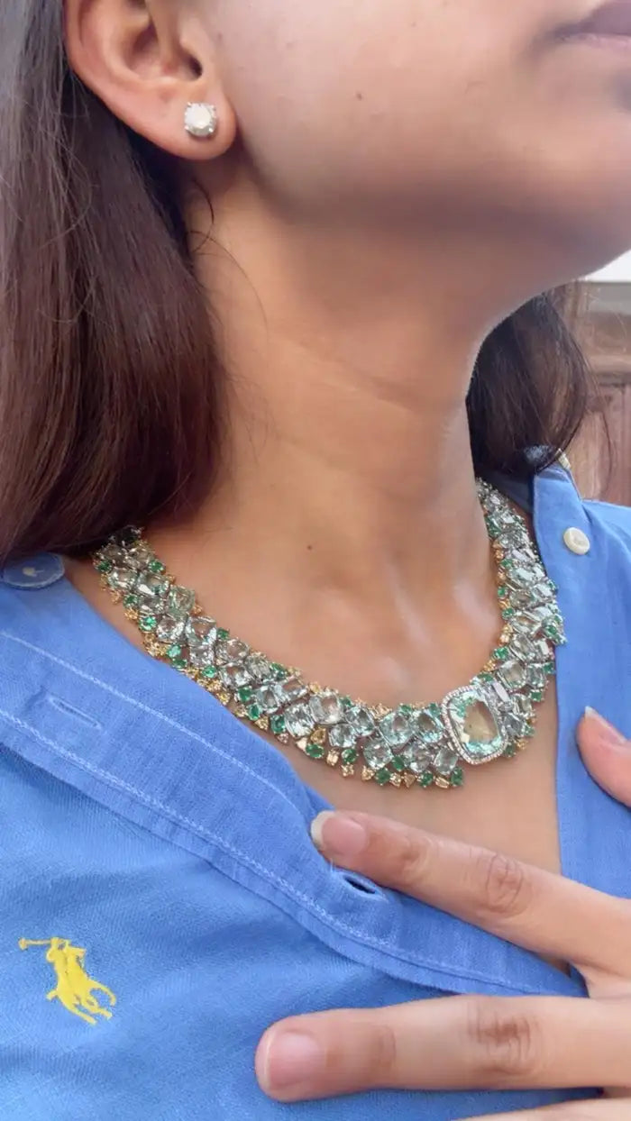 Natural Aquamarine & Zambian Emerald Necklace - 18k White Gold & Yellow Diamond Necklace