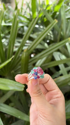 Natural Rubelite, Blue Sapphire, Ruby & Emerald Gemstone Cocktail Ring - 18k White Gold Diamond Ring
