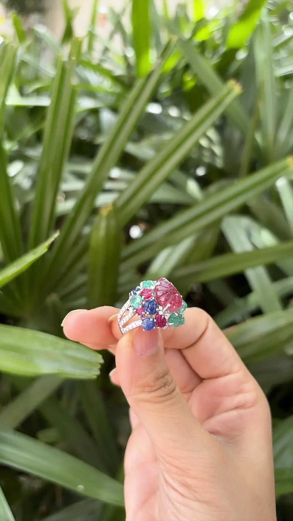 Natural Rubelite, Blue Sapphire, Ruby & Emerald Gemstone Cocktail Ring - 18k White Gold Diamond Ring