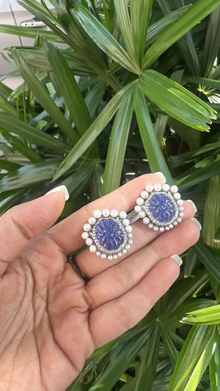 18k White Gold Diamond Stud Earrings - Hand Carved Tanzanite & Fresh Water Pearl Earrings