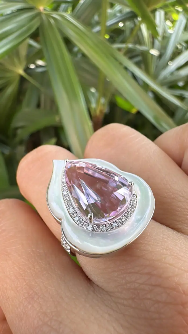 Natural Pink Kunzite & Mother Of Pearl Ring - 18k White Gold Diamond Handmade Ring Main Image