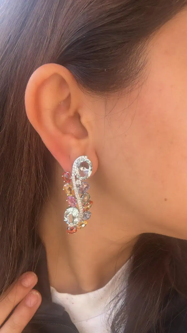 18k White Gold Multi Sapphire Chandelier Earring - Natural Aquamarine & Diamond Earrings Main Image
