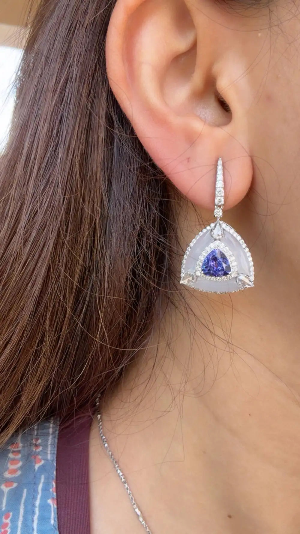 Natural Tanzanite & Chalcedony Gemstone Dangle Earrings - 18k White Gold Diamond Earrings
