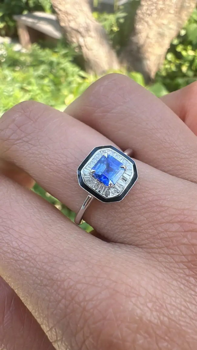 Natural Blue Sapphire & Black Enamel Ring - 18k White Gold Diamond Engagement Ring Main Image