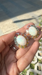 Natural Ethiopian Opal & Multi Sapphire Stud Earrings - 18k White Gold Diamond Earrings