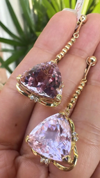 Natural Kunzite & Diamond Dangle Earrings - 18k Yellow Gold Dangle Earrings