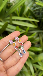 Natural Multi Sapphire Gemstone Dangle Earrings - 18k White Gold Diamond Earrings
