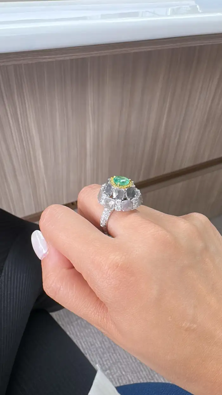 Natural Colombian Emerald & Slice Diamond Wedding Ring - 18k White Gold Ring