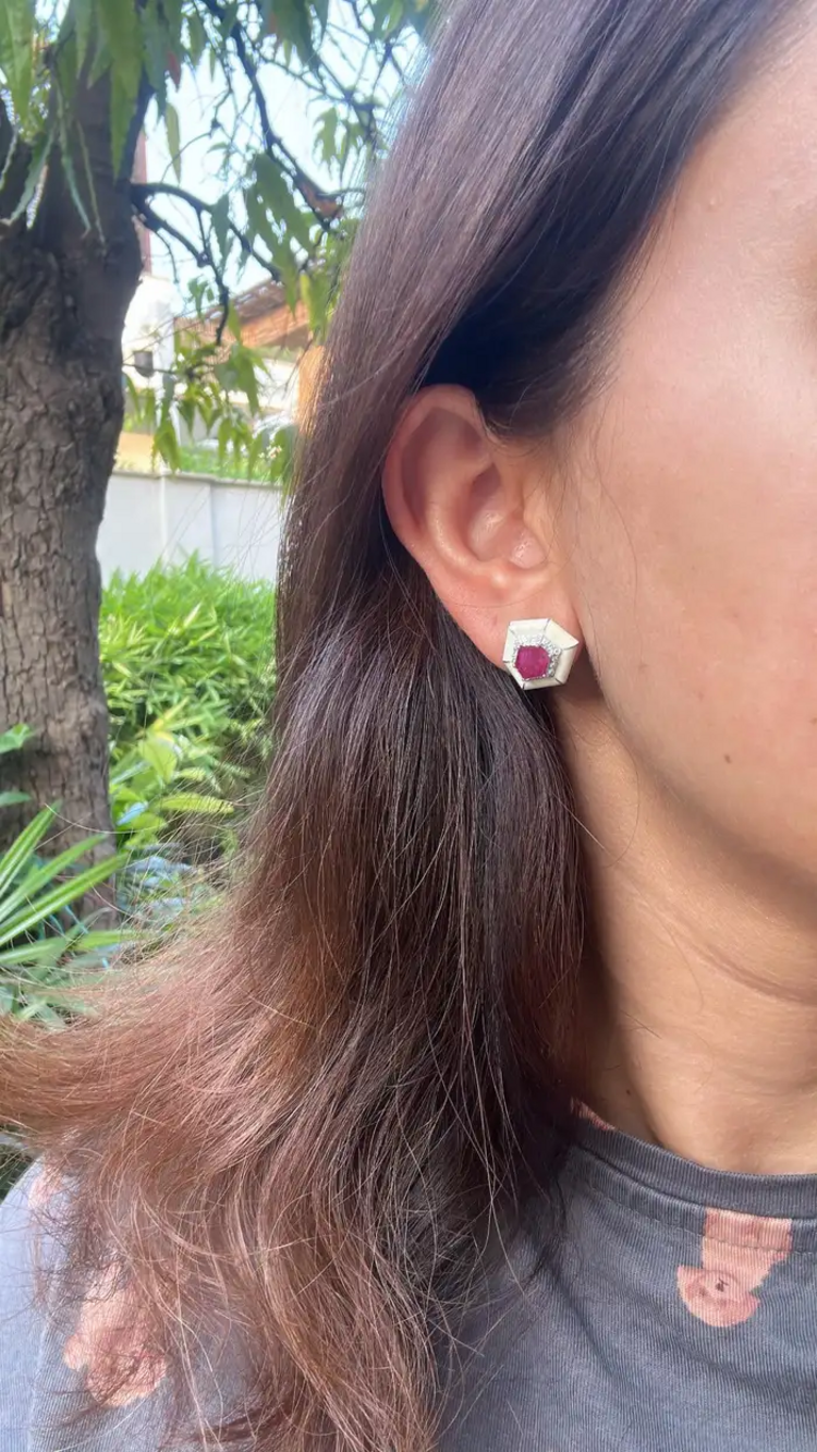 18k White Gold Handmade Minimalist Stud Earrings - Natural Mozambique Ruby White Enamel Earrings - Gold Diamond Earrings