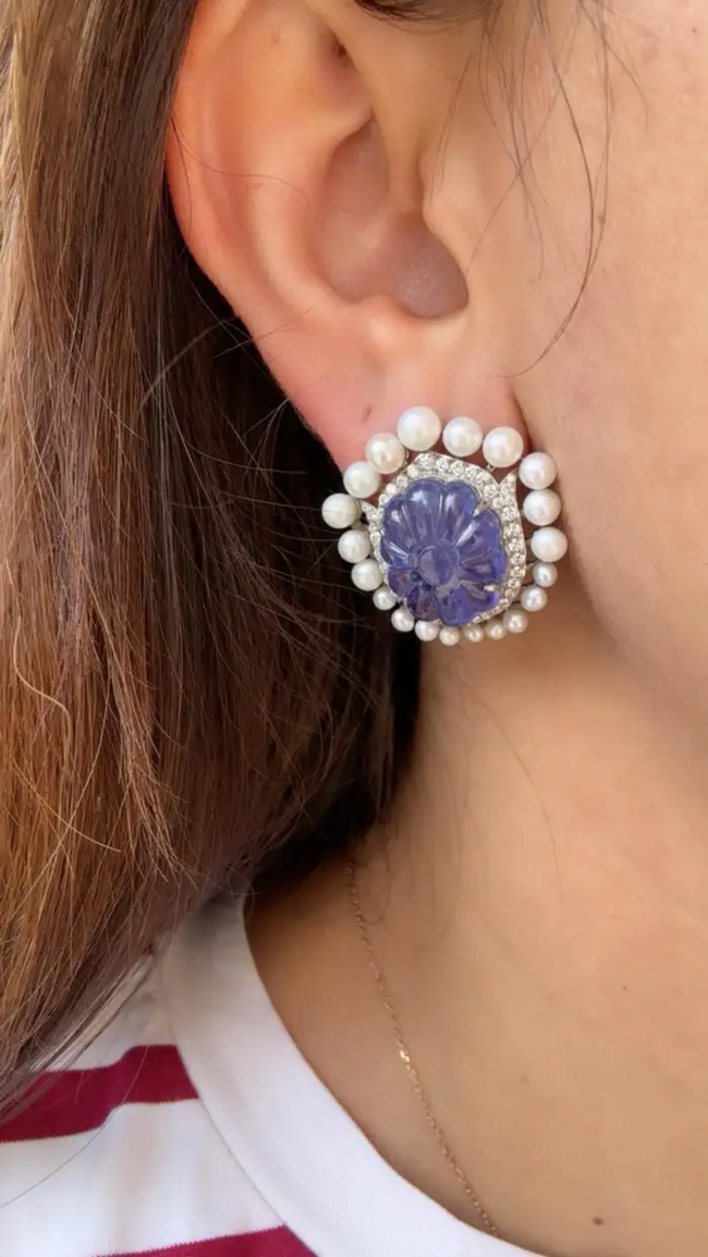 18k White Gold Diamond Stud Earrings - Hand Carved Tanzanite & Fresh Water Pearl Earrings Main Image