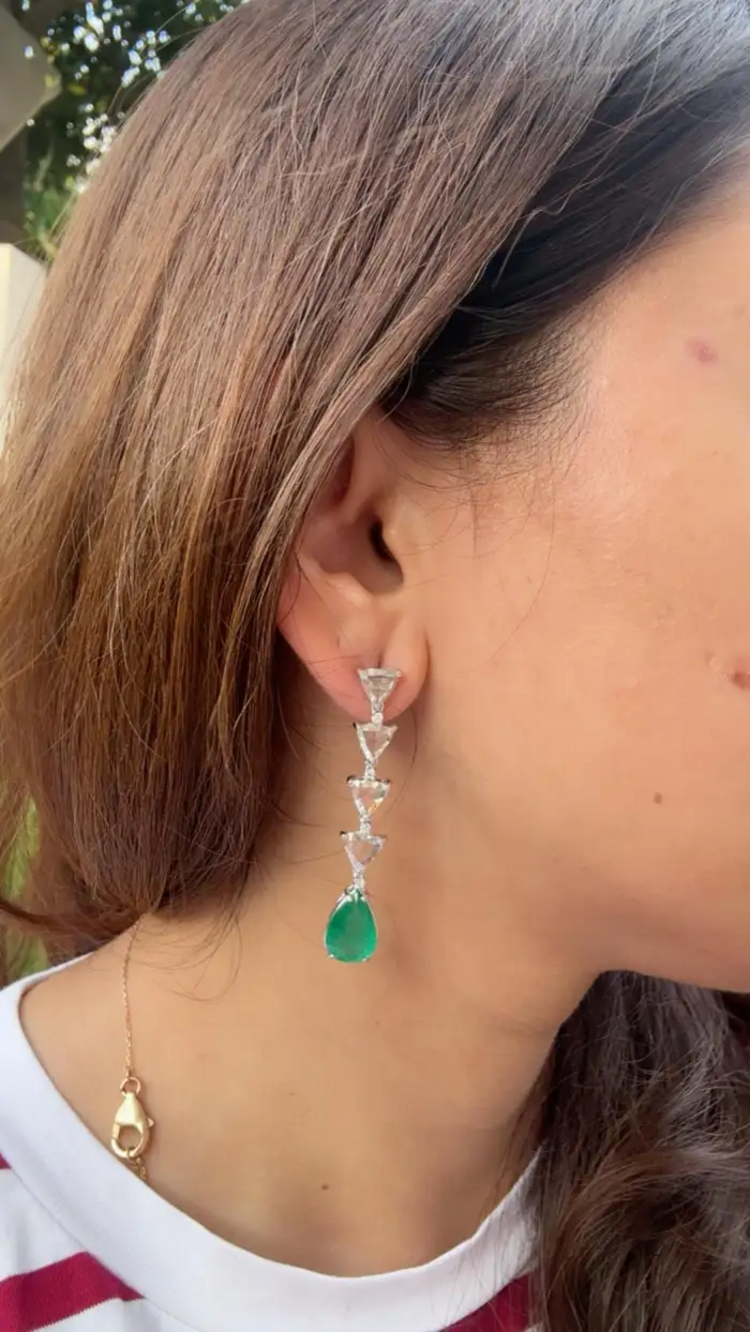 18k White Gold Diamond Drop Dangle Earrings - Natural Zambian Emerald & Rose Cut Diamond Earrings