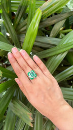 Natural Emerald Gemstone & Green Enamel Cocktail Ring - 18k White Gold Diamond Ring