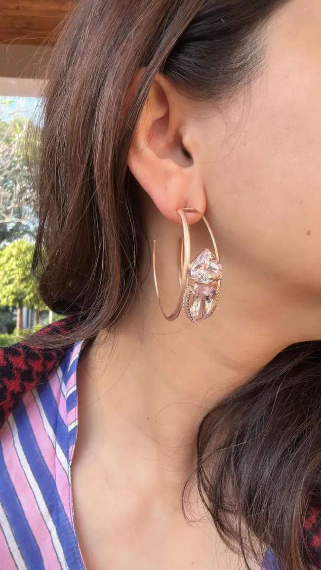 18k Yellow Matte Gold Hoop Earrings - Natural Morganite & Diamond Earrings Main Image
