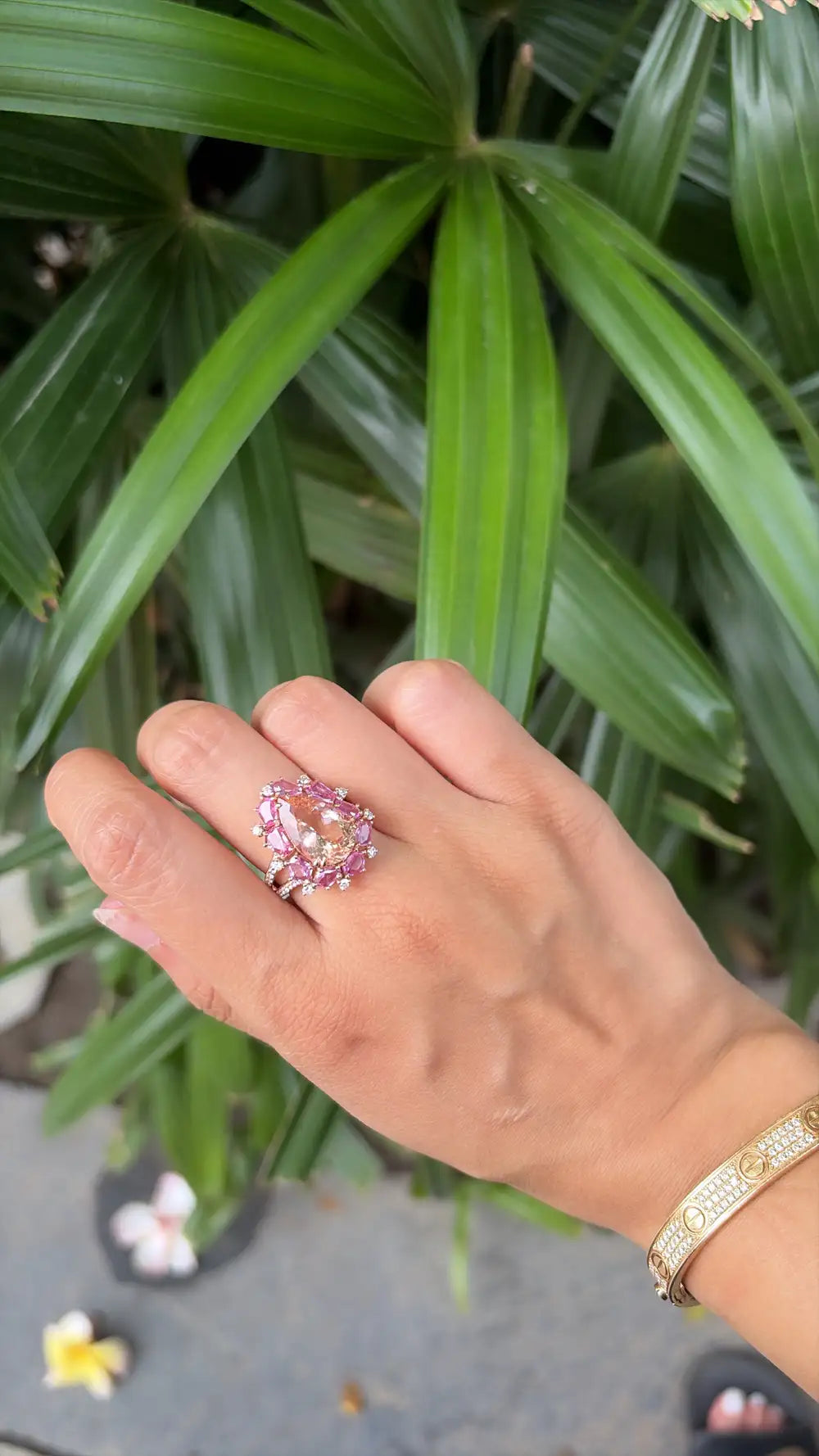 Natural Morganite & Pink Sapphire Cocktail Ring - 18k Rose Gold Diamond Ring