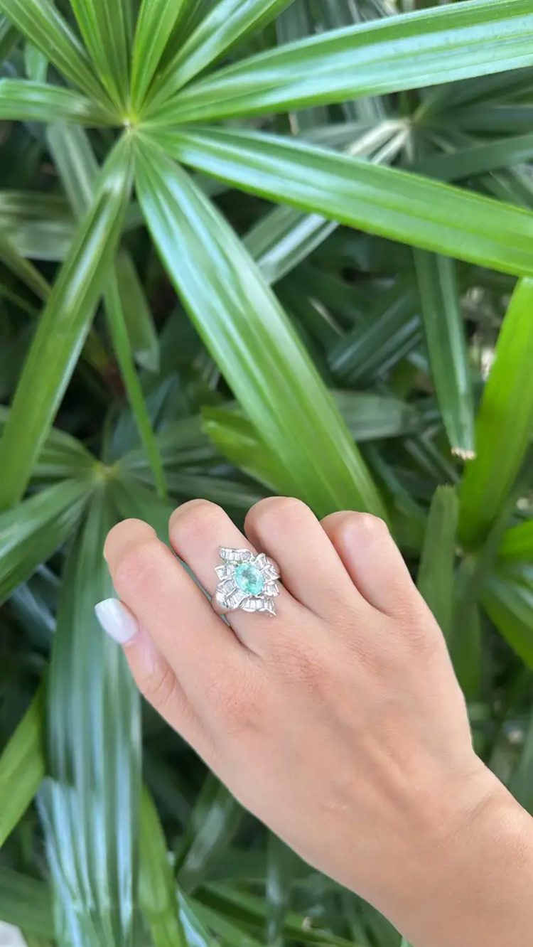 Platinum 900 Diamond Ring - Natural Paraiba Tourmaline Wedding Ring