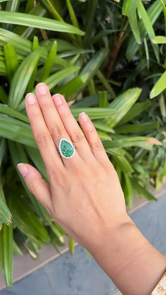 18k White Gold Diamond Ring - Natural Zambian Emerald Cocktail Ring