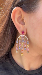 Natural Multi Sapphire & Mozambique Ruby Dangle Earrings - 18k Rose Gold Diamond Earrings