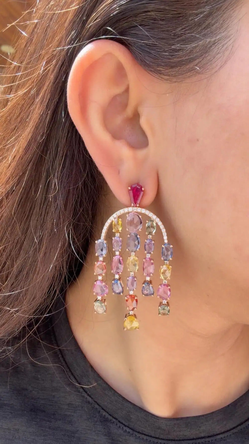 Natural Multi Sapphire & Mozambique Ruby Dangle Earrings - 18k Rose Gold Diamond Earrings