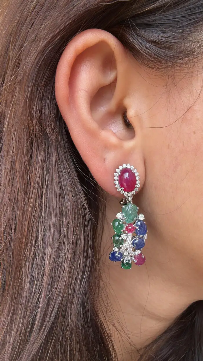 18k White Gold Diamond Dangle Earrings - Natural Ruby, Carved Emerald & Blue Sapphire Earrings Main Image
