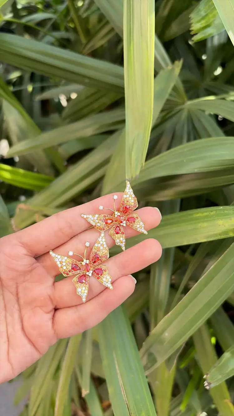 18k Yellow Gold Diamond Butterfly Stud Earrings - Natural Orange & Yellow Sapphire Earrings