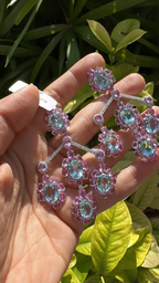 Natural Aquamarine & Pink Sapphire Dangle Earrings - 18k White Gold Diamond Chandelier Earrings