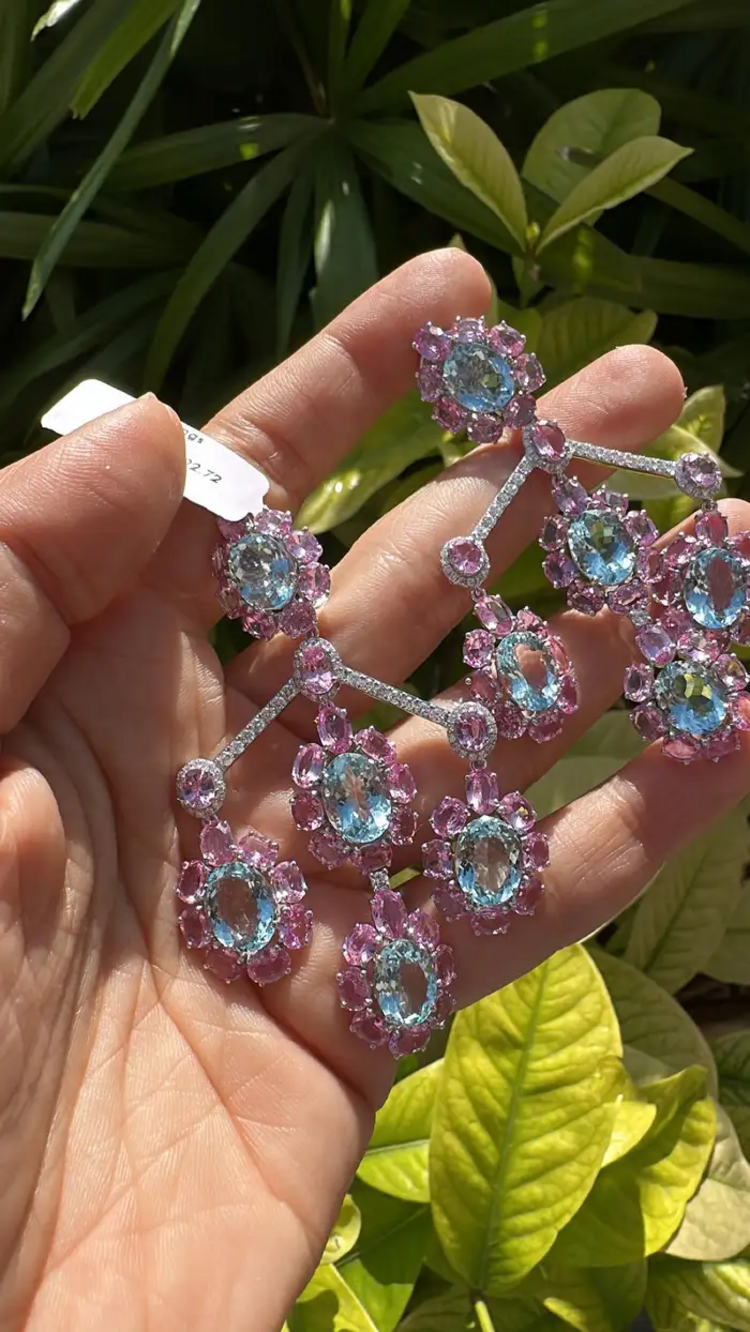 Natural Aquamarine & Pink Sapphire Dangle Earrings - 18k White Gold Diamond Chandelier Earrings