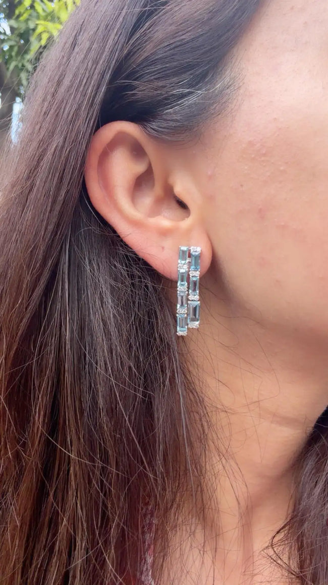 5.87 Ct. Natural Aquamarine Gemstone Dangle Earrings - 18k White Gold Diamond Earrings Main Image