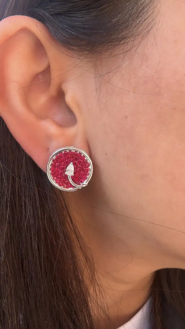 Natural Ruby Gemstone Round Stud Earrings - 18k White Gold Diamond Tiny Earrings Main Image