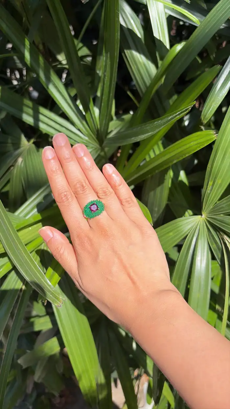 Natural Tourmaline & Emerald Cocktail Ring - 18k White Gold Ring