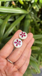18k White Gold Diamond Stud Earrings - Natural Mozambique Ruby & Mother Of Pearl Stud Earrings