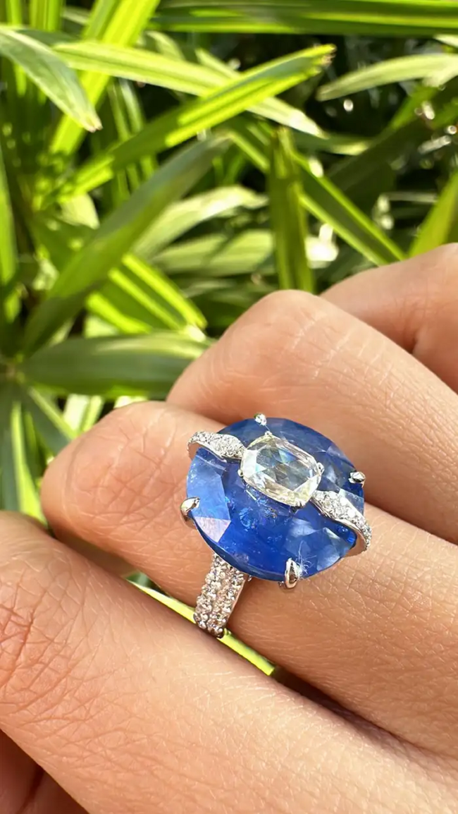 13.38 Ct. Round Cut Blue Sapphire Gemstone Ring - 18k White Gold Wedding With Rose Cut Diamonds Main Image