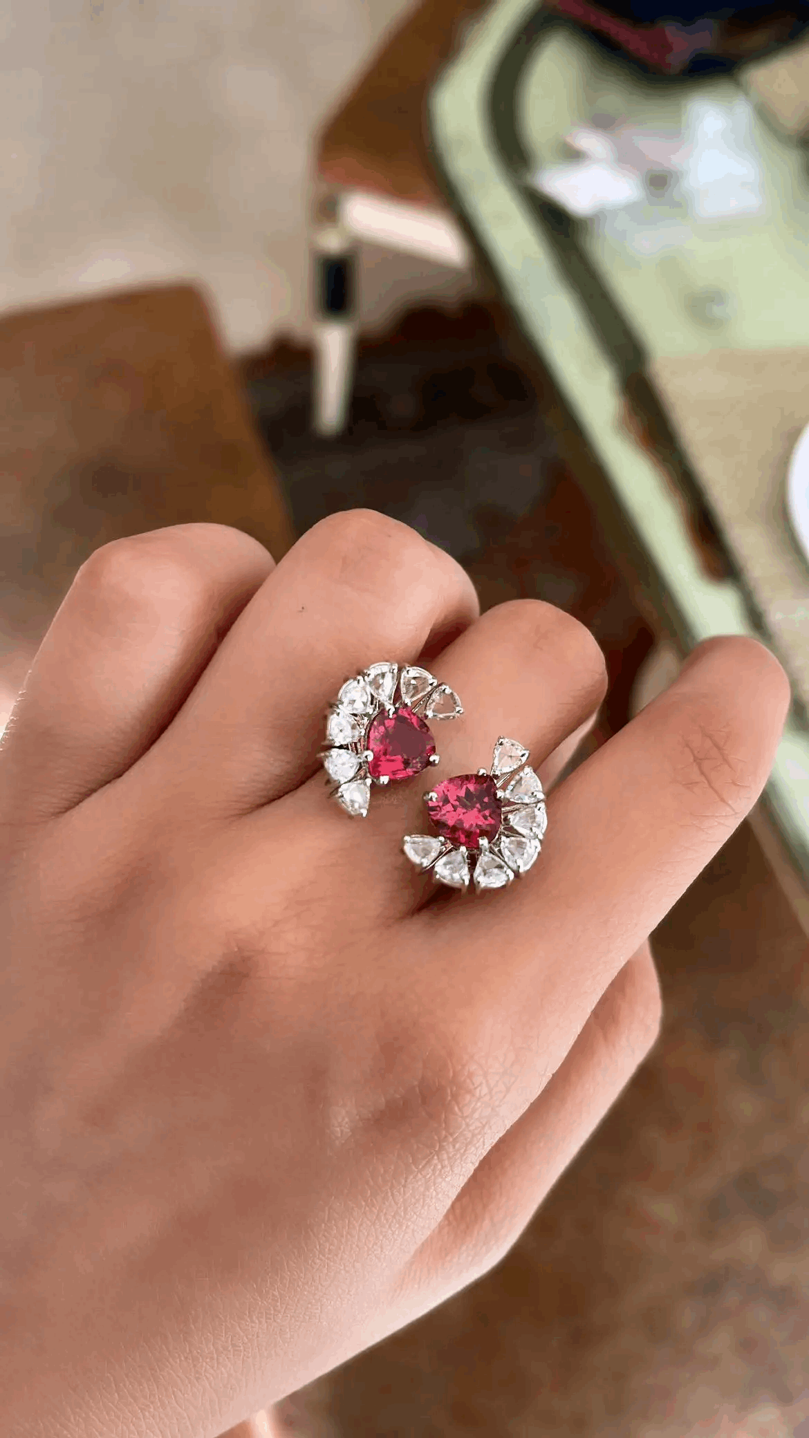 Rubellite Set in 18K White Gold & Rose Cut Diamonds Cocktail/ Engagement Ring