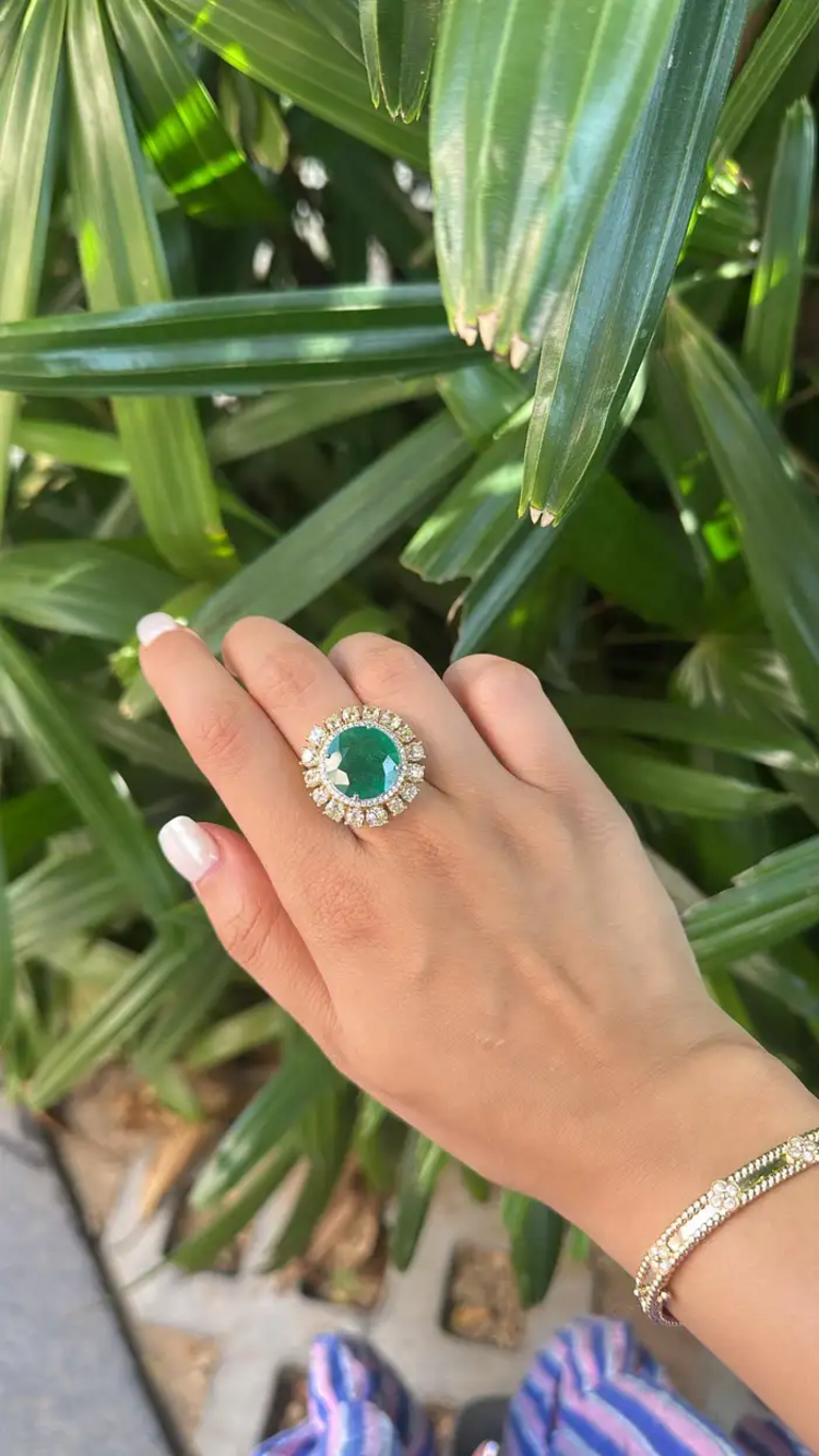 18k White Gold Diamond Cocktail Ring - Natural Zambian Emerald Wedding Ring