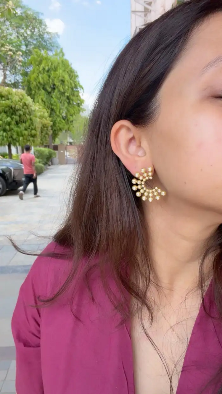 Golden Pearls Hoop Earrings - 18k Yellow Gold Diamond Handmade Earrings