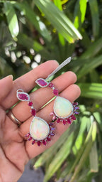 18k White Gold Diamond Earrings - Natural Ethiopian Opal & Mozambique Ruby Dangle Earrings